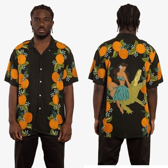 NWT Duvin Tropical Orange Hula Girl and Crocodile Button Up Shirt Medium - Picture 11 of 11